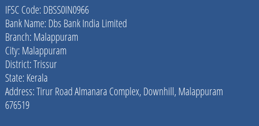 Dbs Bank India Limited Malappuram Branch, Branch Code IN0966 & IFSC Code DBSS0IN0966