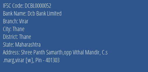Dcb Bank Limited Virar Branch IFSC Code