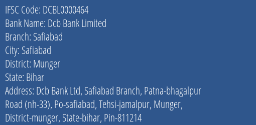 Dcb Bank Limited Safiabad Branch, Branch Code 000464 & IFSC Code DCBL0000464