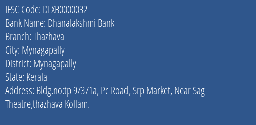 Dhanalakshmi Bank Thazhava Branch Mynagapally IFSC Code DLXB0000032