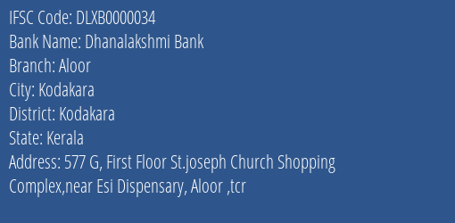 Dhanalakshmi Bank Aloor Branch Kodakara IFSC Code DLXB0000034