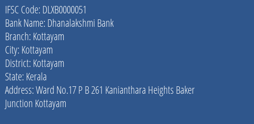 Dhanalakshmi Bank Kottayam Branch, Branch Code 000051 & IFSC Code DLXB0000051