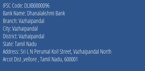 Dhanalakshmi Bank Vazhaipandal Branch Vazhaipandal IFSC Code DLXB0000096