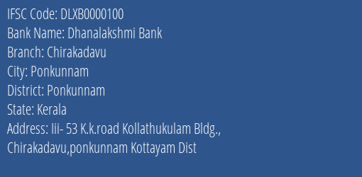 Dhanalakshmi Bank Chirakadavu Branch Ponkunnam IFSC Code DLXB0000100