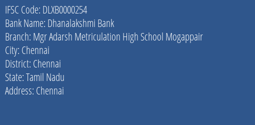 Dhanalakshmi Bank Mgr Adarsh Metriculation High School Mogappair Branch Chennai IFSC Code DLXB0000254