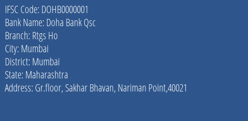 Doha Bank Qsc Rtgs Ho Branch, Branch Code 000001 & IFSC Code DOHB0000001