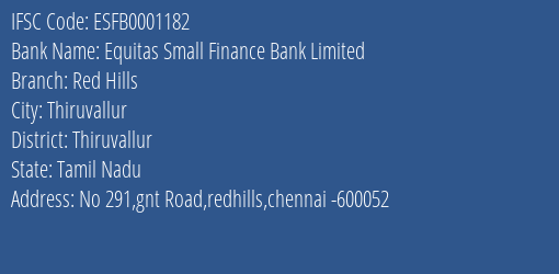 Equitas Small Finance Bank Limited Red Hills Branch, Branch Code 001182 & IFSC Code ESFB0001182
