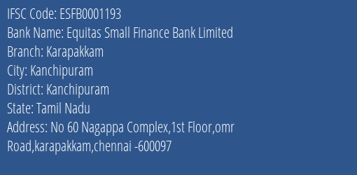 Equitas Small Finance Bank Limited Karapakkam Branch IFSC Code