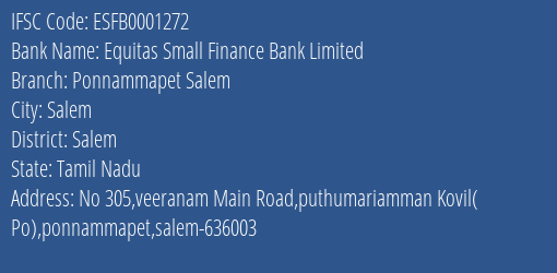 Equitas Small Finance Bank Limited Ponnammapet Salem Branch IFSC Code