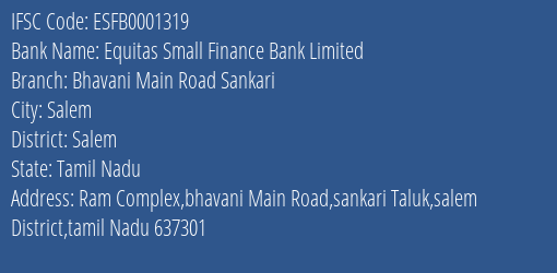 Equitas Small Finance Bank Limited Bhavani Main Road Sankari Branch IFSC Code