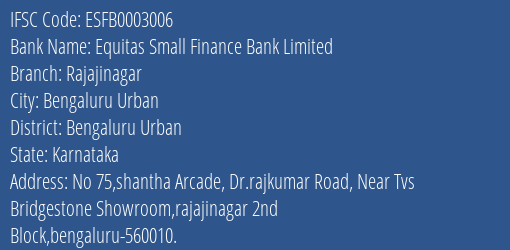 Equitas Small Finance Bank Limited Rajajinagar Branch IFSC Code