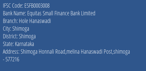 Equitas Small Finance Bank Limited Hole Hanaswadi Branch, Branch Code 003008 & IFSC Code ESFB0003008