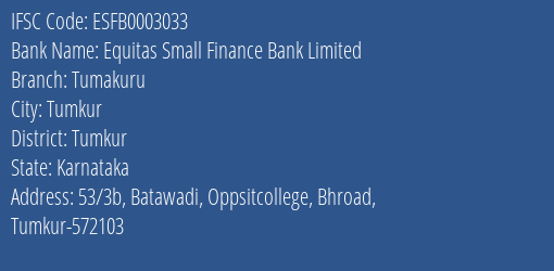 Equitas Small Finance Bank Limited Tumakuru Branch, Branch Code 003033 & IFSC Code ESFB0003033