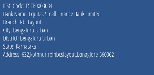 Equitas Small Finance Bank Limited Rbi Layout Branch, Branch Code 003034 & IFSC Code ESFB0003034