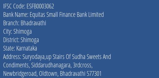 Equitas Small Finance Bank Limited Bhadravathi Branch, Branch Code 003062 & IFSC Code ESFB0003062