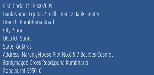 Equitas Small Finance Bank Limited Kumbharia Road Branch, Branch Code 007005 & IFSC Code ESFB0007005