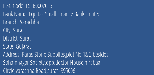 Equitas Small Finance Bank Limited Varachha Branch, Branch Code 007013 & IFSC Code ESFB0007013