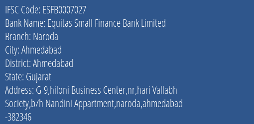 Equitas Small Finance Bank Limited Naroda Branch IFSC Code