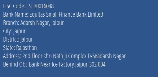 Equitas Small Finance Bank Adarsh Nagar Jaipur Branch Jaipur IFSC Code ESFB0016048