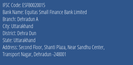 Equitas Small Finance Bank Limited Dehradun A Branch, Branch Code 020015 & IFSC Code ESFB0020015