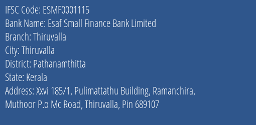 Esaf Small Finance Bank Limited Thiruvalla Branch IFSC Code