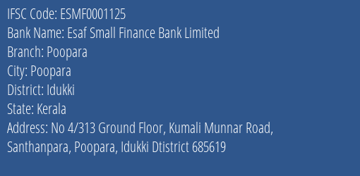 Esaf Small Finance Bank Limited Poopara Branch, Branch Code 001125 & IFSC Code ESMF0001125