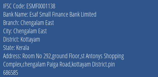 Esaf Small Finance Bank Limited Chengalam East Branch, Branch Code 001138 & IFSC Code ESMF0001138