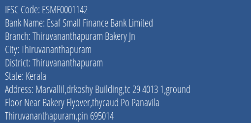 Esaf Small Finance Bank Limited Thiruvananthapuram Bakery Jn Branch IFSC Code