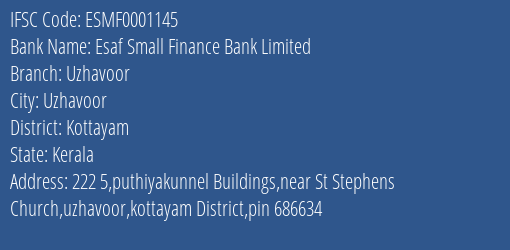 Esaf Small Finance Bank Limited Uzhavoor Branch IFSC Code
