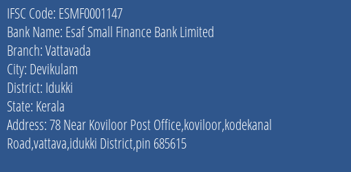 Esaf Small Finance Bank Limited Vattavada Branch, Branch Code 001147 & IFSC Code ESMF0001147