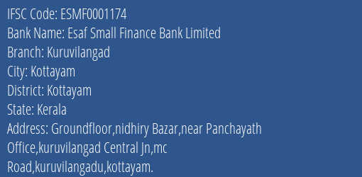 Esaf Small Finance Bank Limited Kuruvilangad Branch, Branch Code 001174 & IFSC Code ESMF0001174