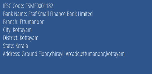 Esaf Small Finance Bank Limited Ettumanoor Branch, Branch Code 001182 & IFSC Code ESMF0001182