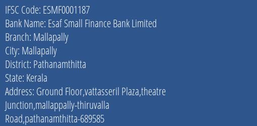 Esaf Small Finance Bank Limited Mallapally Branch, Branch Code 001187 & IFSC Code ESMF0001187