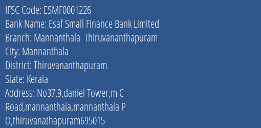 Esaf Small Finance Bank Limited Mannanthala Thiruvananthapuram Branch, Branch Code 001226 & IFSC Code ESMF0001226