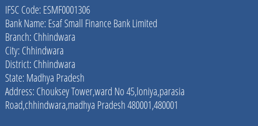 Esaf Small Finance Bank Limited Chhindwara Branch, Branch Code 001306 & IFSC Code ESMF0001306