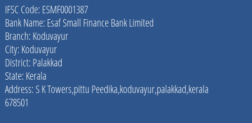 Esaf Small Finance Bank Limited Koduvayur Branch, Branch Code 001387 & IFSC Code ESMF0001387