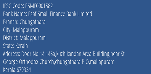 Esaf Small Finance Bank Limited Chungathara Branch, Branch Code 001582 & IFSC Code ESMF0001582
