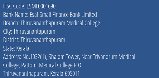 Esaf Small Finance Bank Limited Thiruvananthapuram Medical College Branch, Branch Code 001690 & IFSC Code ESMF0001690