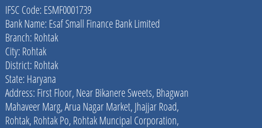 Esaf Small Finance Bank Limited Rohtak Branch, Branch Code 001739 & IFSC Code ESMF0001739