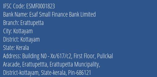 Esaf Small Finance Bank Limited Erattupetta Branch, Branch Code 001823 & IFSC Code ESMF0001823