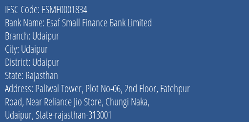 Esaf Small Finance Bank Limited Udaipur Branch, Branch Code 001834 & IFSC Code ESMF0001834