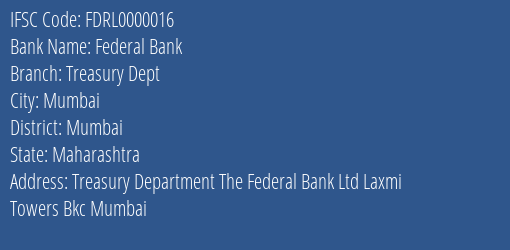 Federal Bank Treasury Dept Branch, Branch Code 000016 & IFSC Code FDRL0000016