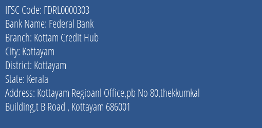 Federal Bank Kottam Credit Hub Branch, Branch Code 000303 & IFSC Code FDRL0000303