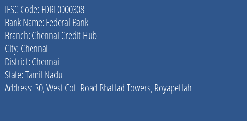 Federal Bank Chennai Credit Hub Branch Chennai IFSC Code FDRL0000308