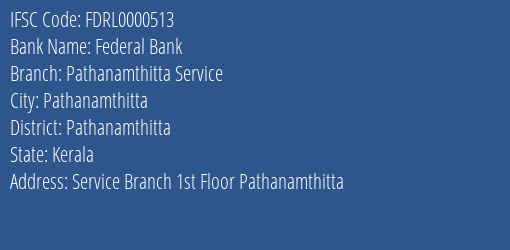 Federal Bank Pathanamthitta Service Branch Pathanamthitta IFSC Code FDRL0000513