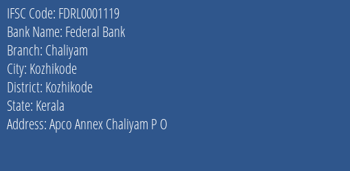 Federal Bank Chaliyam Branch IFSC Code