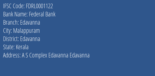 Federal Bank Edavanna Branch Edavanna IFSC Code FDRL0001122