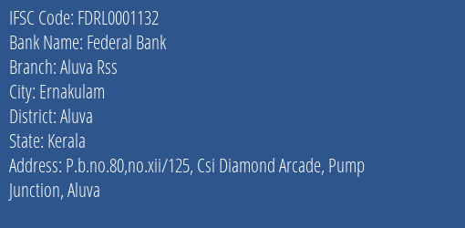 Federal Bank Aluva Rss Branch, Branch Code 001132 & IFSC Code FDRL0001132