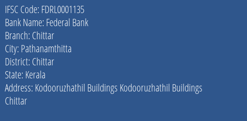 Federal Bank Chittar Branch Chittar IFSC Code FDRL0001135