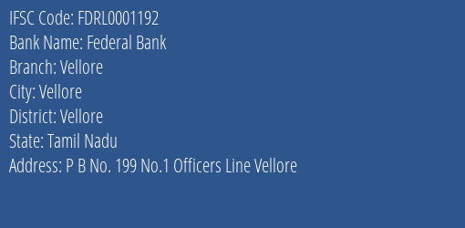 Federal Bank Vellore Branch, Branch Code 001192 & IFSC Code FDRL0001192